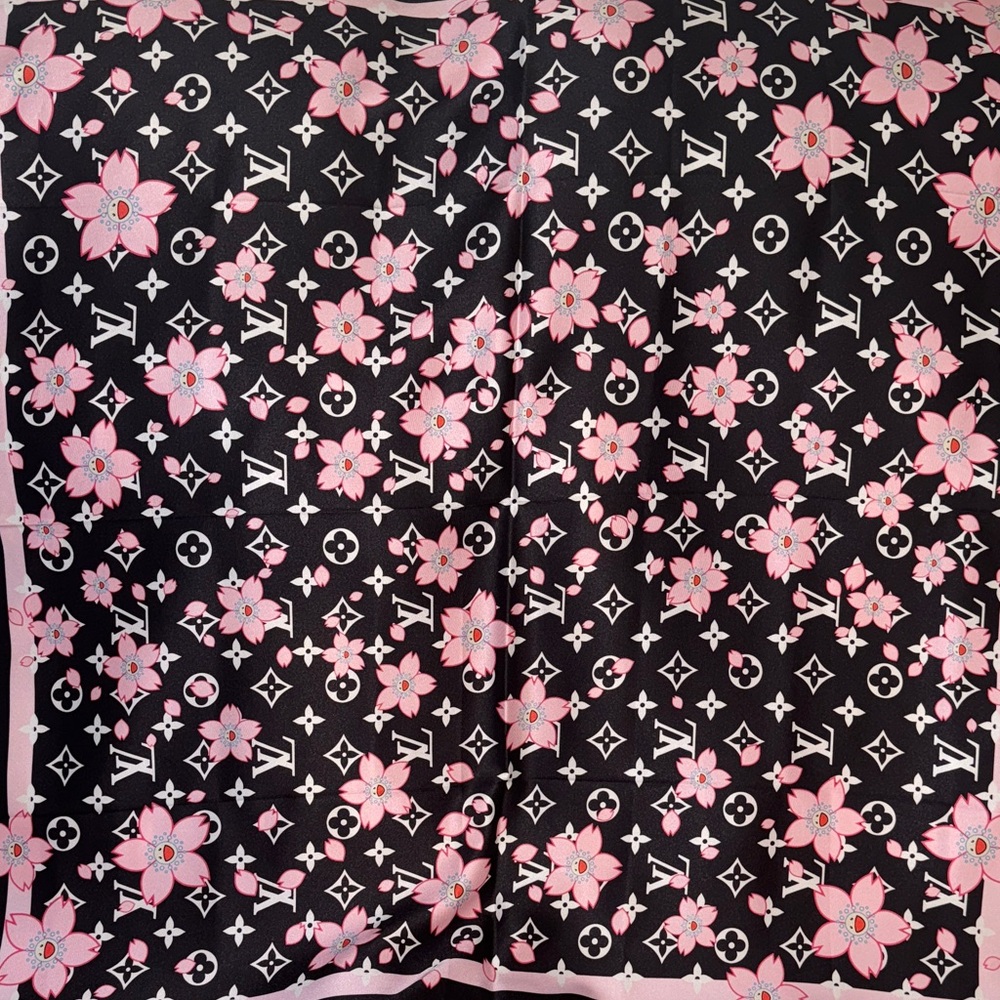 Louis Vuitton Black and Pink Floral Monogram Scarf